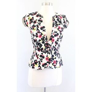 Elevenses Anthropologie Dahlia Off White Floral Cap Sleeve Blazer Jacket Size 0